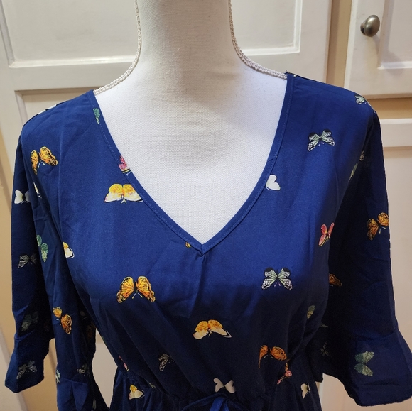 SHEIN Women's Butterfly Print, Flounce Sleeve, Hem Knot Front Dress NWOT - Picture 7 of 14